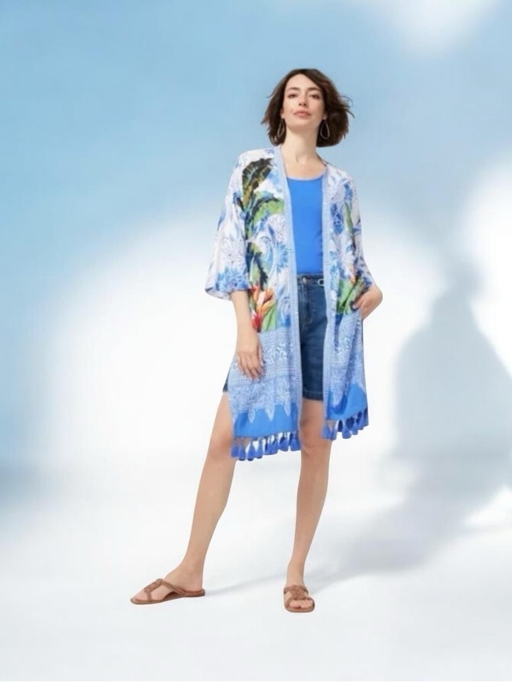 Chico's Blue Tropical Tassel Kimono Cover-Up